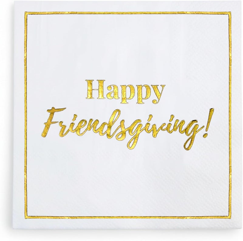 Cloverjoyed Happy Friendsgiving Cocktail Napkins, 50 Pack, White and Gold Thanksgiving Party Decorations, Great for Dinners, Beverages, Dessert, Appetizers - Image 1
